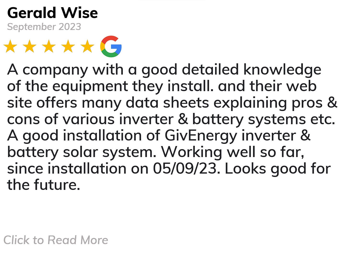 Spirit Energy Solar and Battery Google Review - Gerald Wise